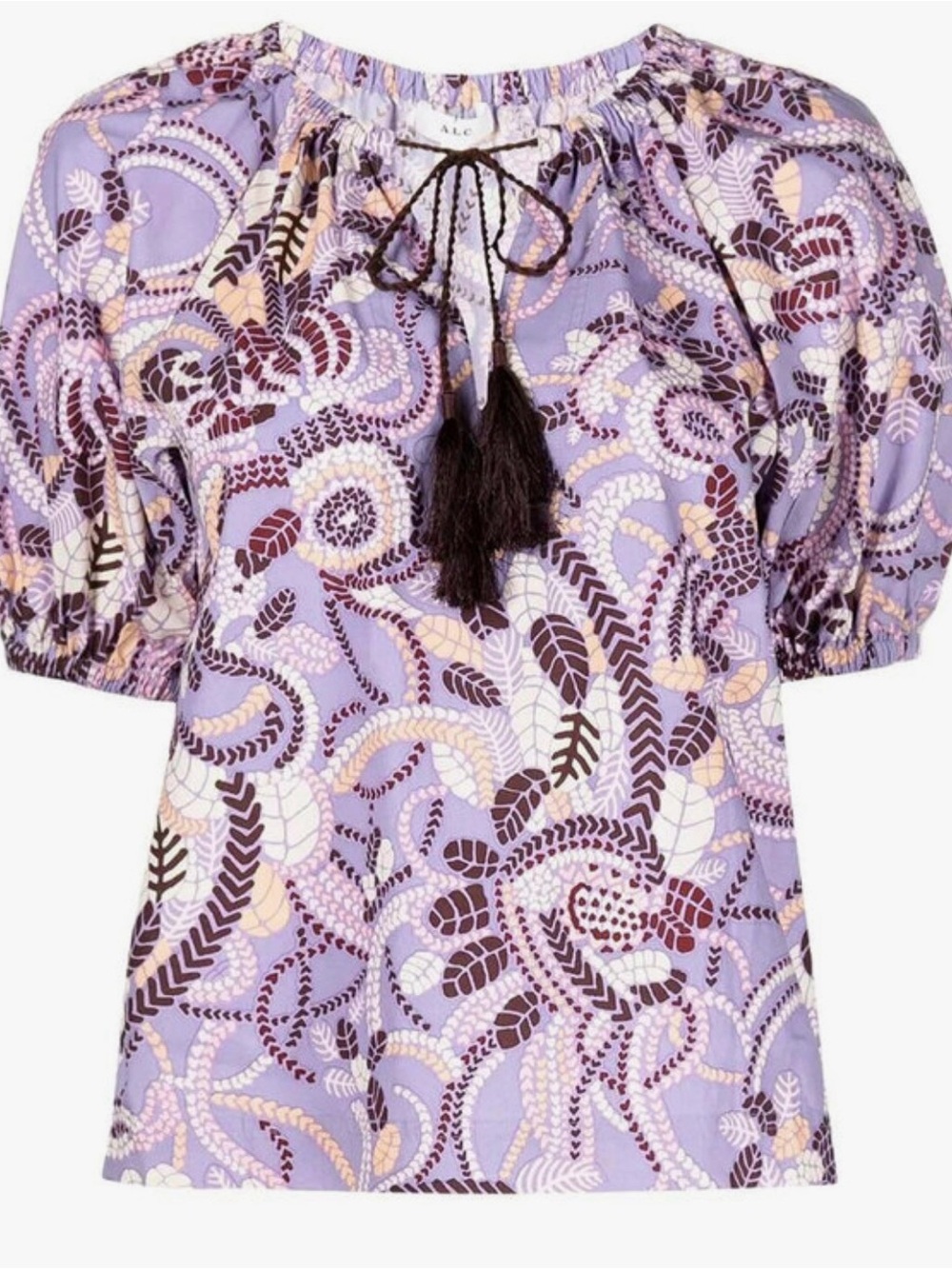 A.L.C. Lavender Printed Tassel Tie Peasant Blouse